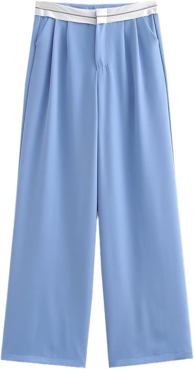 Women's Spring Summer Vintage Patchwork Pants High Waist Side Pockets Zipper Full Length Straight Trousers