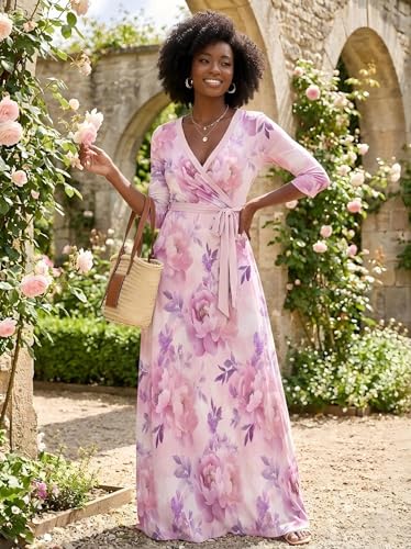 Image of PinkPatty Plus Size Maxi Dress for Women 3 /4 Sleeve Casual Long Dress | Soft stretchy fabric, functional pockets, flattering wrap v neck for vacation, casual wear and everyday styling