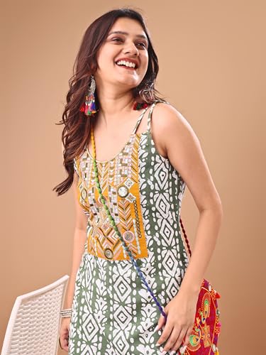 Image of EthnicJunction Women's Cotton Blend Straight Fit Straight Embroidered Batik Print Shoulder Straps Kurta | Navratri Special Kurta