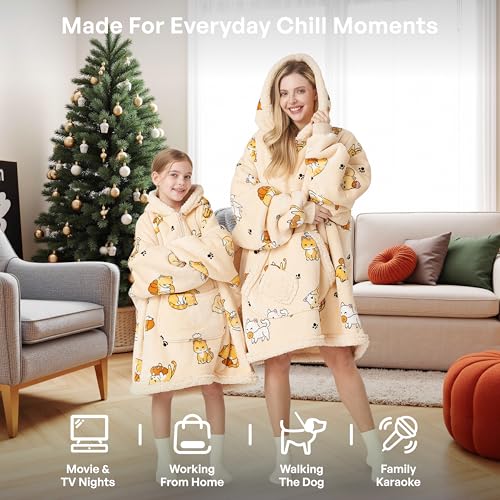 Image of Giggling Getup Wearable Blanket Hoodie for Girls and Boys Warm Cozy Sherpa Fleece Hooded Blanket Sweatshirt Oversized Hoodie with Giant Pocket & Sleeves for Kids Cat