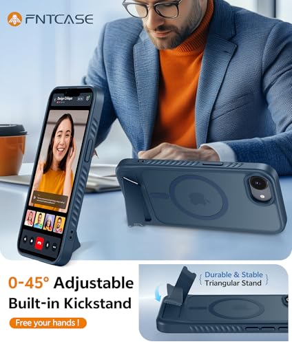 Image of FNTCASE for iPhone 16E Phone Case: [Magnetic Stand] [Compatible with Magsafe] Translucent Matte Military Grade Shockproof Drop Rugged Protective Phone Cover, Blue