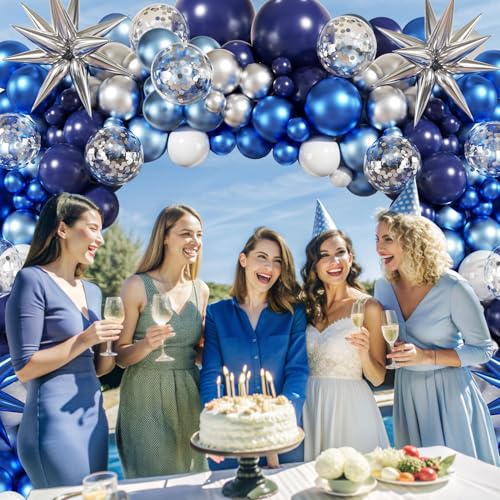 Blue White Silver Balloon Garland Arch Kit, 140Pcs Navy Light Metallic Blue Silver White Confetti Balloons With Stars for Birthday Wedding Birdal Shower Graduation Fathers Day Party Decorations - Image 8