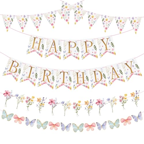 Image of Flower Birthday Decorations,Floral Birthday Banners,with Flower Bouquet Garland, Party Decorations for Girls Women