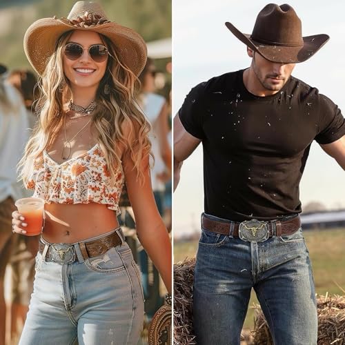 Image of Western Cowboy Belt Buckle for Men Vintage Cowboy Cowgirl Rodeo Texas Buckle Longhorn Bull Belt Buckles
