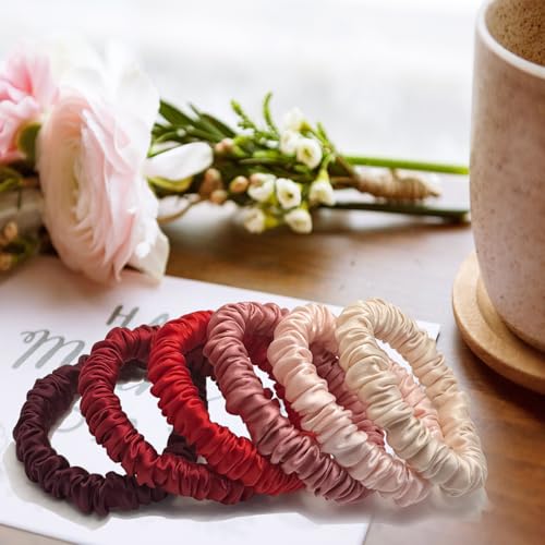 Image of VLOMOT 6 Pcs Set 100% Pure Mulberry Silk Scrunchies Hair Ties with 6 Chic Colors Everyday Skinny Scrunchies Silk Ponytail Holders Hair Care No Damage (Red)