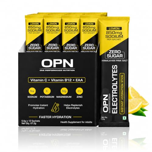 Image of OPN Electrolytes Lemon Flavour | 850mg Sodium | Zero Sugar Hydration Powder | Vitamin C, B12 + EAA | (Pack of 1) 12 Sachets