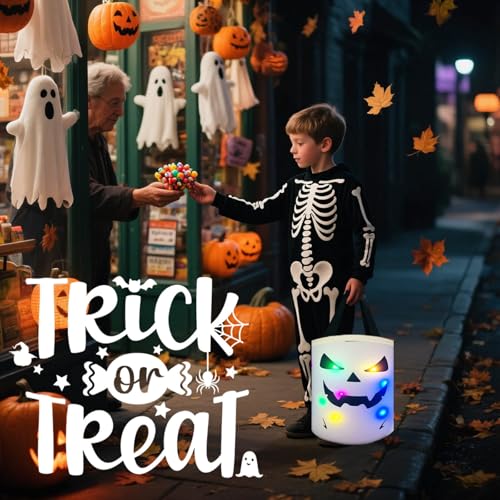 Halloween Trick or Treat Bags Candy Bucket, Upgraded Light Up Ghost Basket Decoration Multipurpose Reusable Goody Sweet Buckets for Scary Night Party Supplies Favors Festival Decor Gifts White 1 Pack - image 7