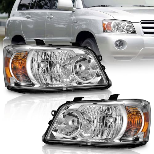 WEELMOTO Headlights Compatible with 2004-2006 Toyota Highlander Sport Utility Headlight Chrome Housing Amber Reflector Left+Right Side