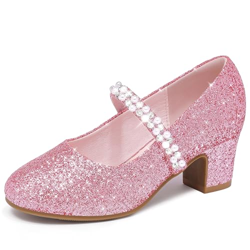 LAURMOSA Rose Chaussures Princesse Perles Chaussures Talon Enfant Fille Mary Janes Fille 33 Chaussure Princesse Paillettes Mariage Anniversaire Festivité...