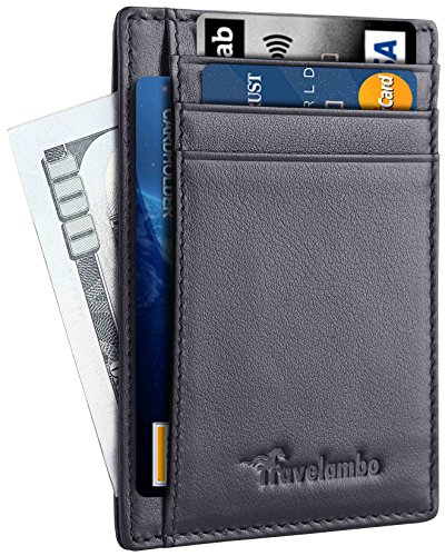 Travelambo Front Pocket Minimalist Leather Slim Wallet RFID Blocking Medium Size?Black Matte?