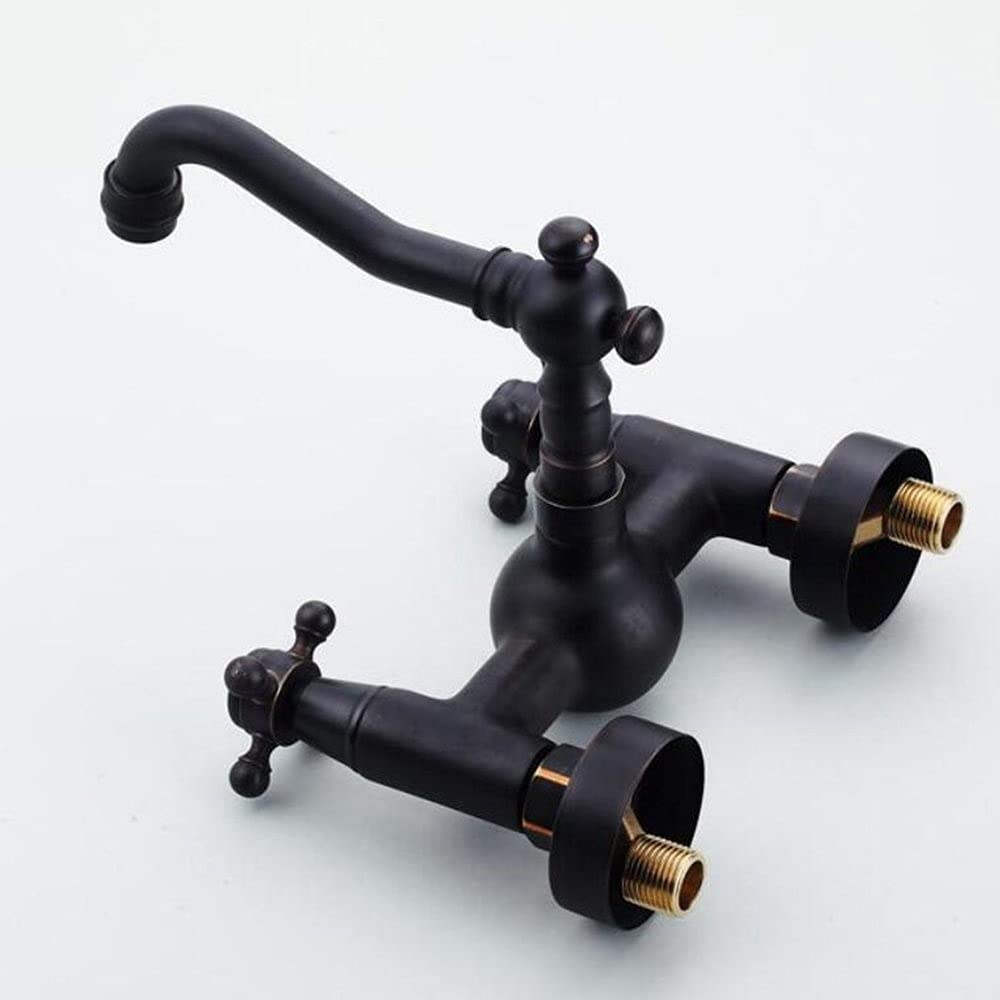 Vintage Küchenarmatur in Schwarz – Wandmontierte Mischbatterie, Zweigriff-Waschtischarmatur aus Messing, Oberfläche in geölter Bronze und gebürstetem Schwarz, Retro-Design im nosta