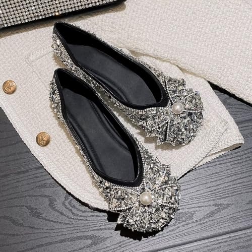 Hee grand Sparkly Rhinestone Wedding Dress Shoes for Women Square Toe Bowknot Ballet Flat Shoes Low Heel Dress Shoes2