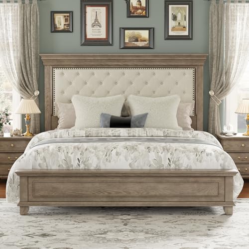 LUXOAK Solid Pine Wood King Bed Frame with 69" High Upholstered Headboard, Transitional Style Platform Bed, No Box Spring Needed & Easy Assembly, Button-Tufted Chenille Fabric, Antique Taupe