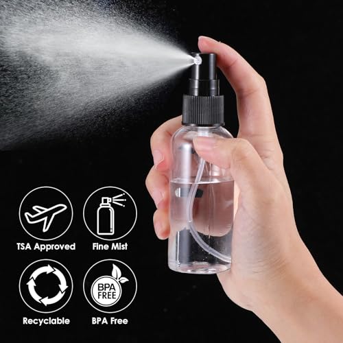 100 Pcs 2 oz Plastic Mini Spray Bottles, 60 ml Small Travel Spray Bottles Plastic with Pump Spray Cap Refillable Containers for Essential Oils Perfumes Makeup Cleaning Fluid2
