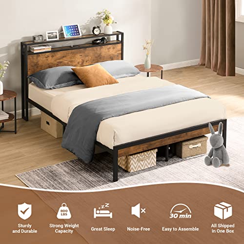 Zevemomo Queen Bed Frame, Queen Size Metal Platform Bed Frame With 2-Tier Storage Wood Headboard And Power Outlets, Usb Ports Charging Station/No Box Spring Needed/Noise-Free/Easy Assembly/Brown #TOP6