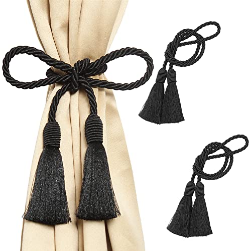 Image of 2 Pack Curtain Tiebacks Handmade Decorative Curtain Holdbacks Rope with Tassel - Black