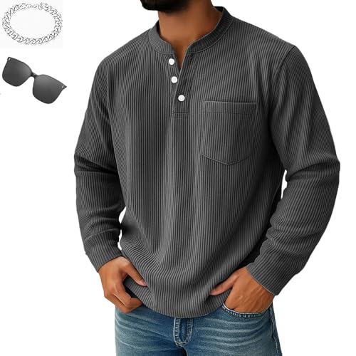 Mokaloha Mens Long Sleeve Shirts, Men's Simple Everyday Ribbed Stand Collar Pocket Casual Long Sleeve Henley Shirt