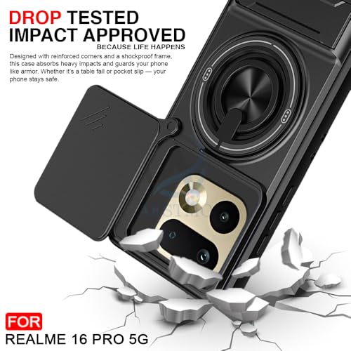 Image of AESTMO Realme 16 Pro 5G Back Cover | Armor Camera Slider 360 Degree Rotating Finger Ring Holder Case with Bracket Stand Back Case Cover (Compatible with MagSafe Accessories) (Black)
