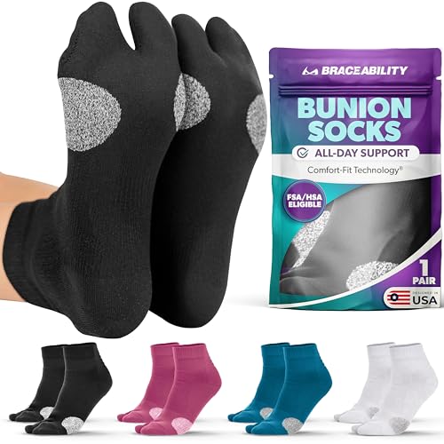BraceAbility Bunion Relief Socks - Split-Toe Bunion Socks for Women and Men with Arch Support Big Toe Separator Hallux Valgus and Bunionette Relief Left and Right Fit (1 Pair S - Black)