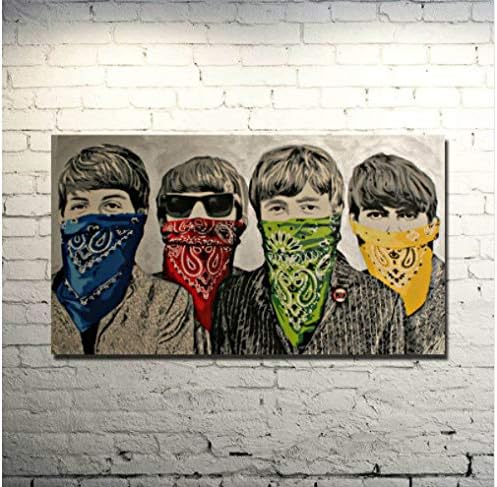 Faicai Art Bansky Graffiti Street Art 4 Masked Men Wall Art Canvas Prints Black and White Art Wall Decor Printings Cool Decorations for Bedroom Living Room Office Stretched Ready to Hang 12"x16"