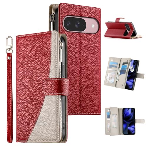 Housse Pixel 7A cuir rouge avec fermeture éclair anti-chute et porte-monnaie