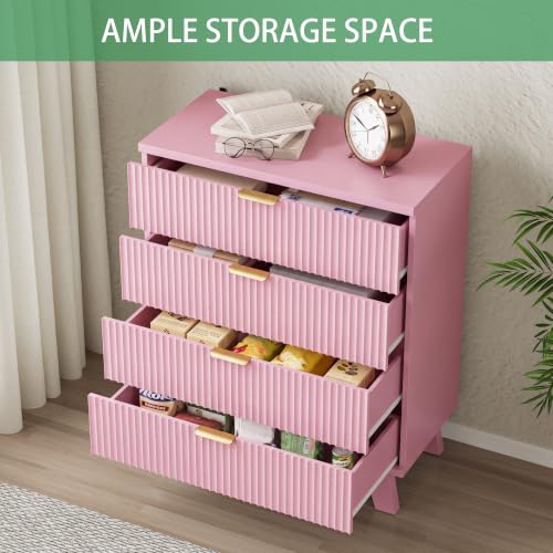 Image of Xixini Fluted Nightstand with 4 Drawers, 31.5 inch Wide Side Table, Pink