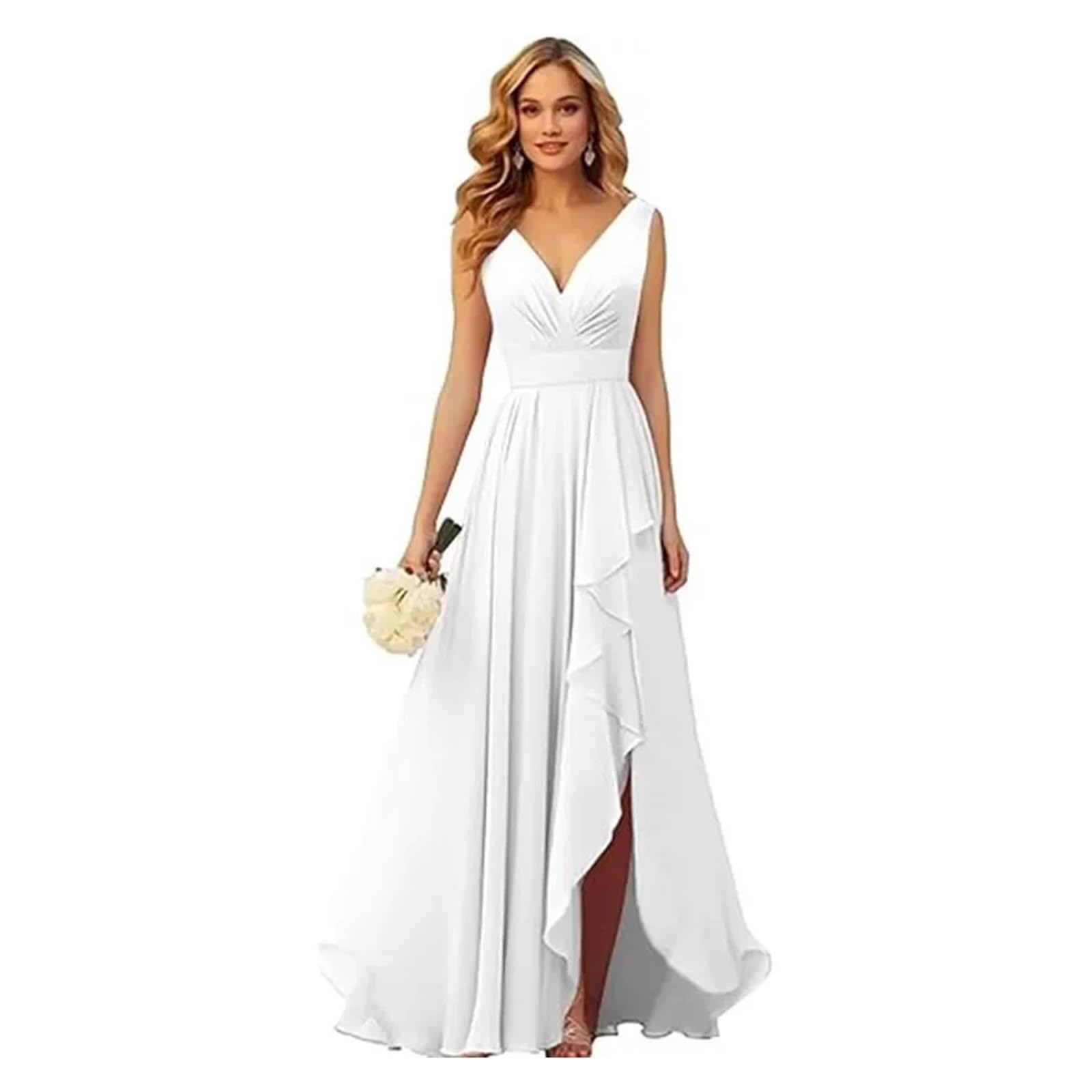 V-Ausschnitt Chiffon Plissee Schlitz Elegante rückenfreie Brautjungfernkleider Hochzeitsfeier Gast Formelle Abendkleider Bodenlang(White,16W)