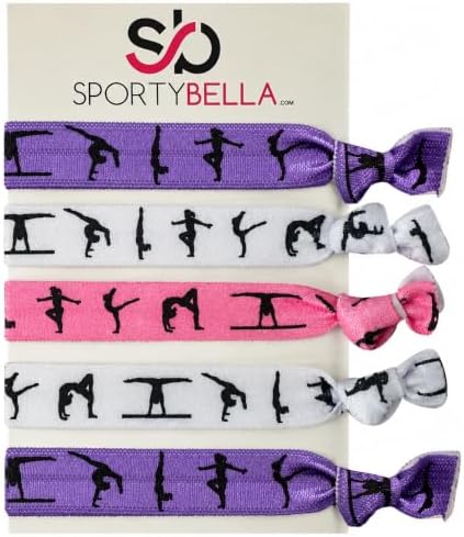 SportyBella Hair Ties & Ponytail Holders for Gymnastics - Girls Hair Accessories, No Crease Elastics, Gift for Gymnasts & Coaches (Purple/Pink), 5pcs