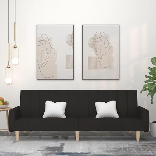 2-Seater Sofa Bed, Black Polyester Fabric, Wood Frame, Convertible Design,