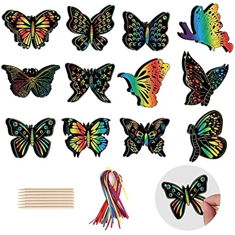 Prasacco Kratzbilder für Kinder, 24 Stück Schmetterling Kratzpapier Tiere Basteln Kratzbilder Scratching Painting Art Dekoration Cover