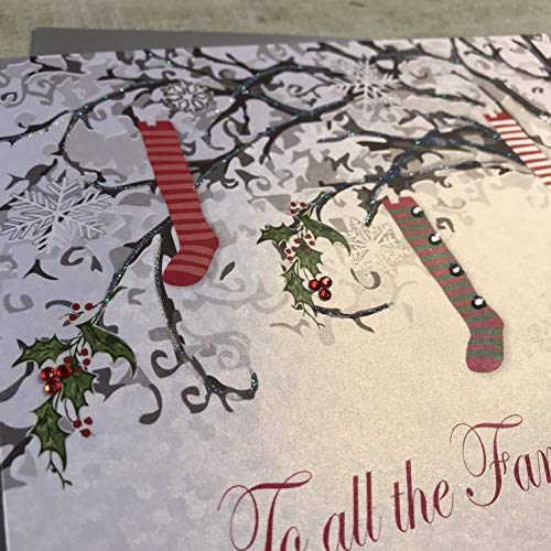 White Cotton Cards To All The Family, Handmade Large Christmas Card. Stockings (Code xx14-52), 22cm x 22cm - Image 3