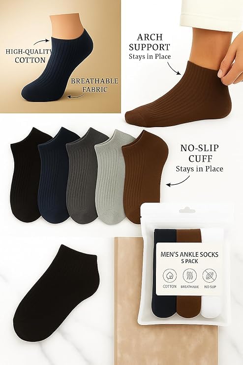 Image of GRAFFY Unisex Cotton Ankle Length Socks for Man & Woman | Soft, Breathable, Comfortable & Durable | Everyday Casual Wear | Multi-Color Pack of 5