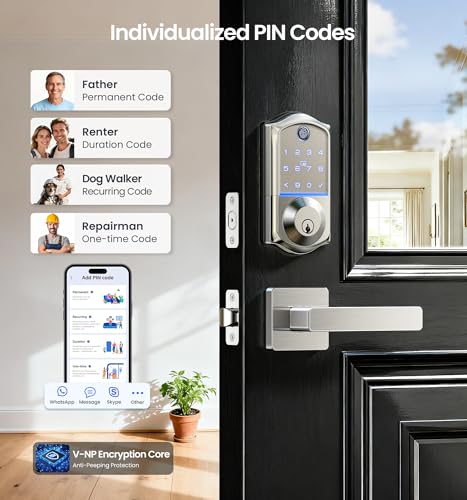 Image of Veise VE017-B Fingerprint Smart Lock with 2 Lever Handles Set, Satin Nickel | App Control, Fob, Touchscreen, Remote Access Sharing, Electronic Keypad, 8-in-1 Keyless Entry Deadbolt for Front Door