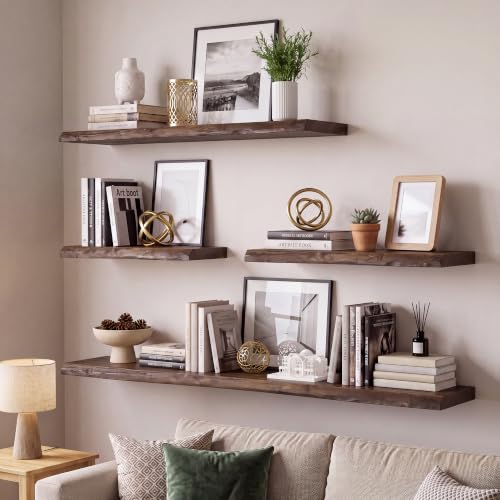 Image of RICHFOCUS Live Edge Elm Floating Shelves - 22 inch W x 9.3 inch D Rustic Solid Wood Wall Shelves with Invisible Bracket, Wall-Mounted for Living Room, Bedroom, Kitchen Storage & Display, Set of 2, Walnut