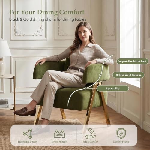 Image of Modern Velvet Dining Chairs Set of 2 with Arms and Gold Metal Legs, Green