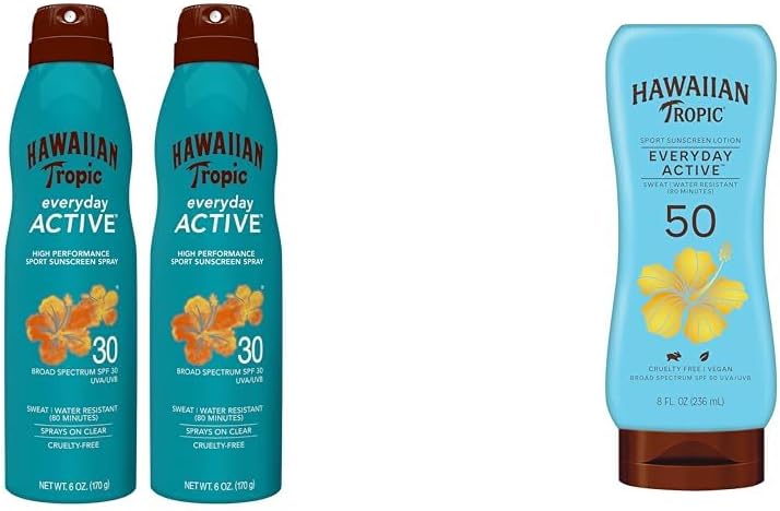 Hawaiian Tropic Everyday Active Sunscreen SPF 30 Twin Pack and SPF 50 Lotion | Sunscreen Bundle with 6oz Spray and 8oz Lotion