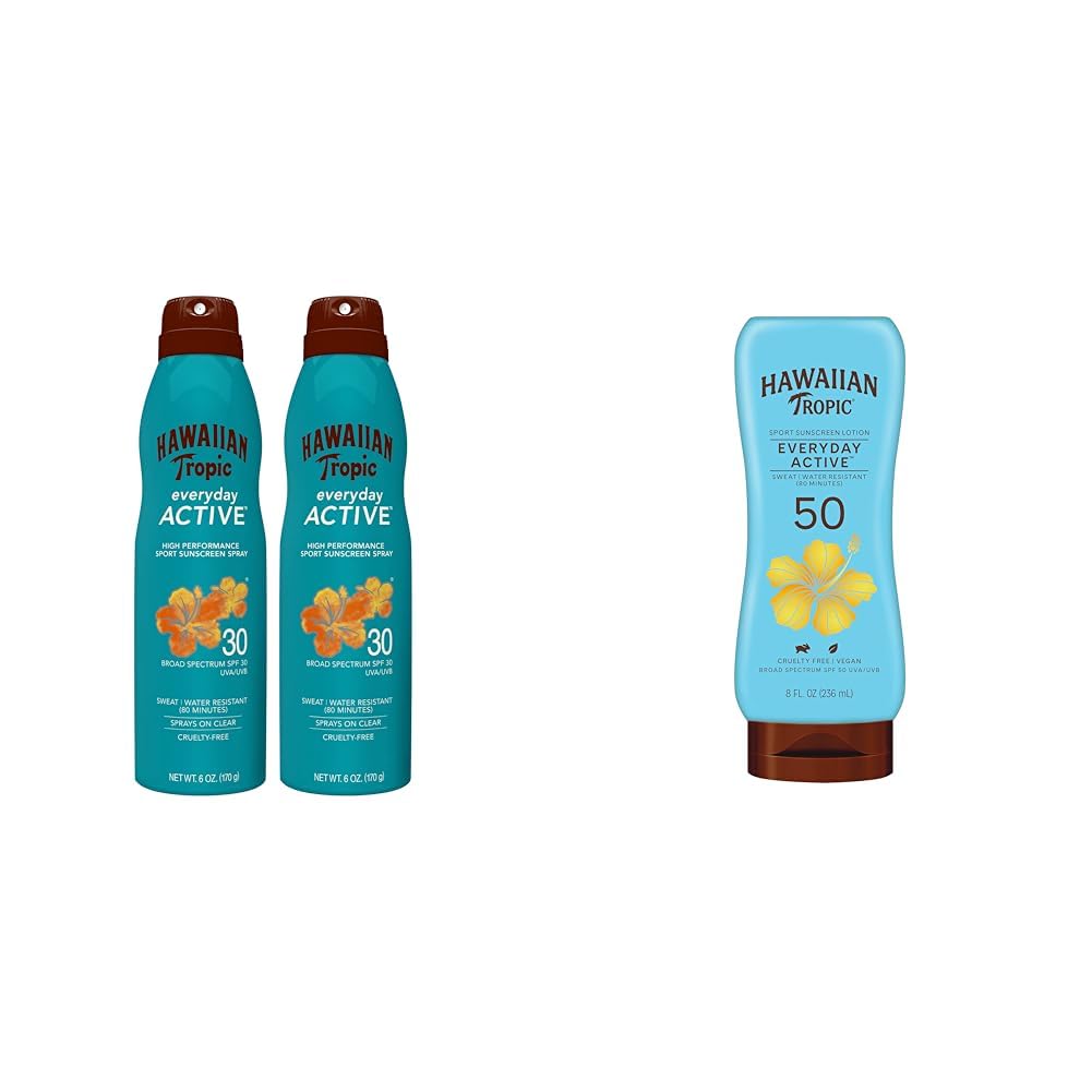 Hawaiian Tropic Everyday Active Sunscreen SPF 30 Twin Pack and SPF 50 Lotion Sunscreen Bundle with 6oz Spray