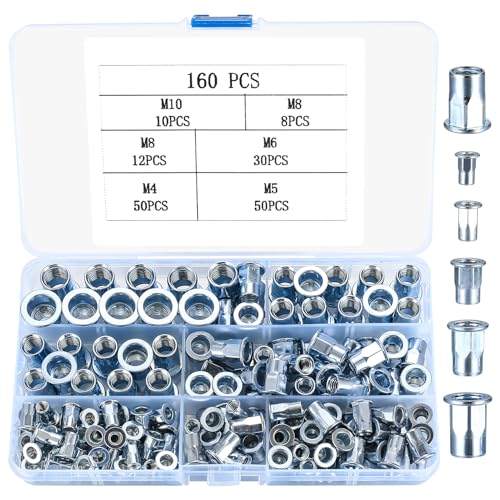 160 Pcs Rivet Nuts, Threaded Insert Nutserts Kit, Flat Head Threaded Insert Nutsert Rivnuts Assortment Set for Automotive Furniture, Assorted Metric M4 M5 M6 M8 M10, Blue Zinc