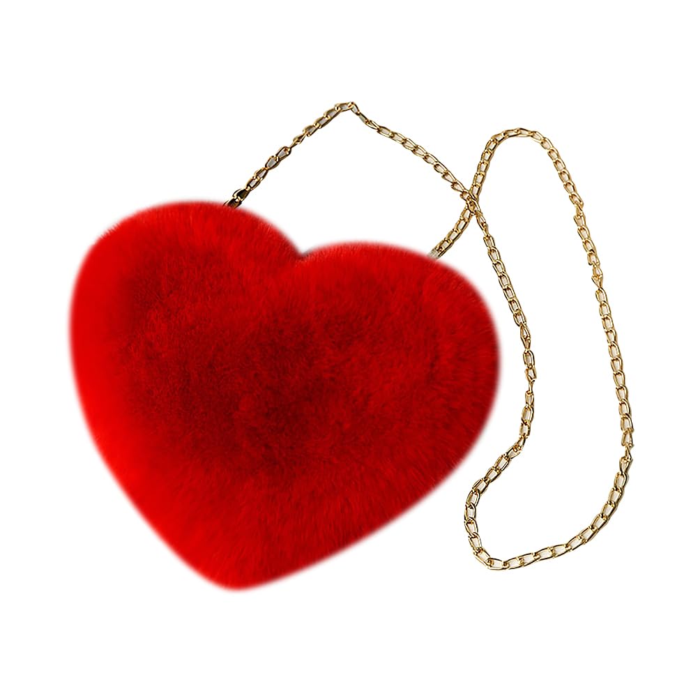 Hugede Women's Red Heart Shaped Faux Fur Purse Fluffy Shoulder Bag Cute Crossbody Purses Soft Fuzzy Handbag Plush Handle Purse For Valentine's Day Girls