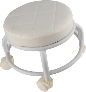 Thickened Rolling Ottoman Memory Foam Stool with Quiet Wheels, Double Layer Footrest for Family Office Waterproof PU Leather for Laboratory Garage Salon Spas (Beige)