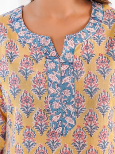 Image of GOODHAND Pure Cotton Floral Printed Long Kurta for Women | Straight Fit Ethnic Kurta | Round Neck 3 /4 Sleeve Kurta