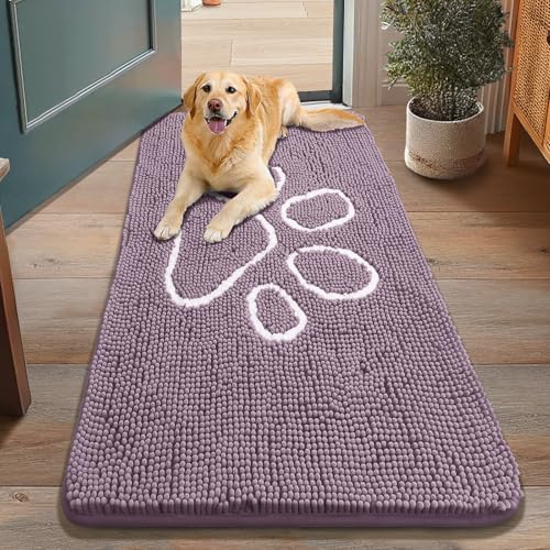 Image of Smiry Dog Door Mat for Muddy Paws, Absorbent Dirt Trapper Non Slip Quick Dry Washable Chenille Mat for Mud Dogs, Entry Rug for Indoor and Outdoor (48x30 Inches, Deep Plum and White)