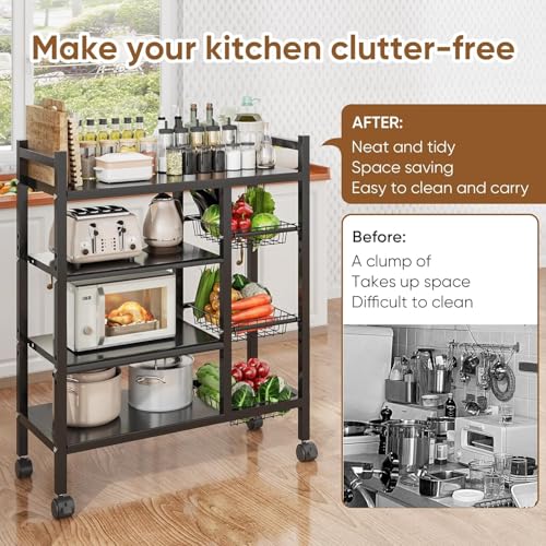 Image of Hukimoyo 4-Tier Metal Kitchen Storage Rack with Lockable Wheels Trolley Storage Cart for Kitchen Organizer with Removable 4 Mesh Basket Floor(120 Cm)