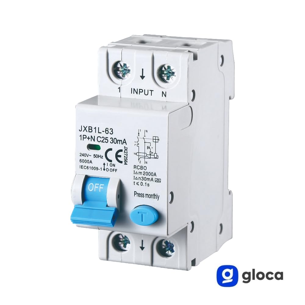gloca Interruptor magnetotérmico diferencial 1P+N 25A 30mA 220V 6KA 2 módulos DIN C25 Clase A