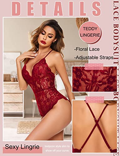 Image of Avidlove Sexy Lingerie for Women Deep V Teddy Sheer Lace Bodysuit Snap Crotch One Piece Babydoll