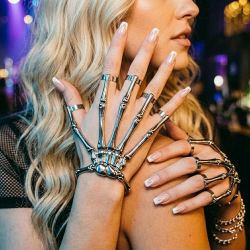 Image of Via Mazzini Alloy Punk Bikers Bones Style Long Full Fingers Ring With Bracelet For Men And Women (Ring0788) Free Size