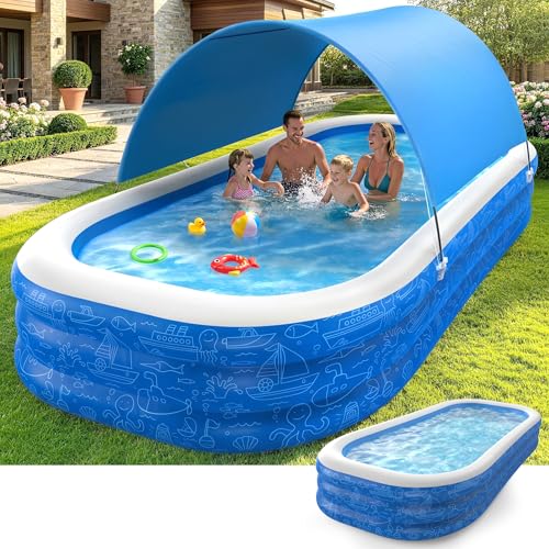 Large Inflatable Swimming Pool with Removable Canopy 150 x 70 x 20 Full-Sized Kiddie Pool for Kids & Adults Outdoor Blow-Up Pool with Sun Shade for Backyard & Garden Durable & Safe Age 3+