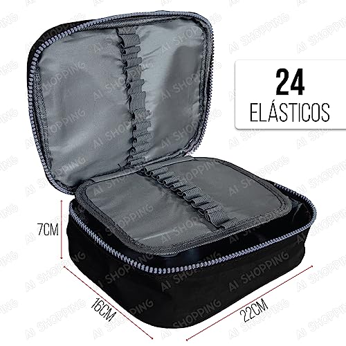 Estojo Box Escolar Grande 100 Lápis Nylon Com 25 Elásticos (Preto com pompom)