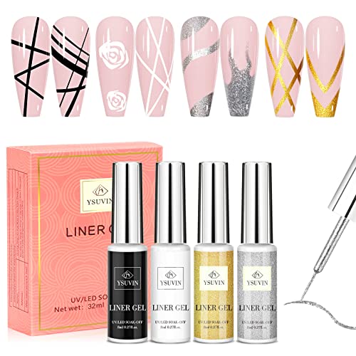 YSUVIN Liner Gel Nagellack, 4 Farben Gold Silber Weiß Schwarz Painted Gel Nagellack, Soak Off UV/LED Nagellack für Frauen Home DIY Nail Art Salon Maniküre Geschenke Cover