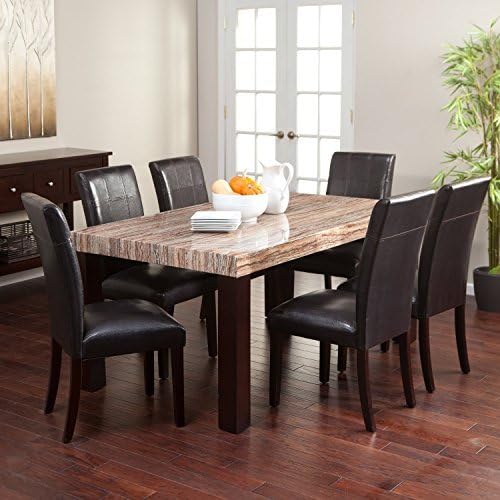Beautiful 7 Piece Dining Room Table Set with Brown Leather Chairs and Faux Marble Top Dinner Set Furniture